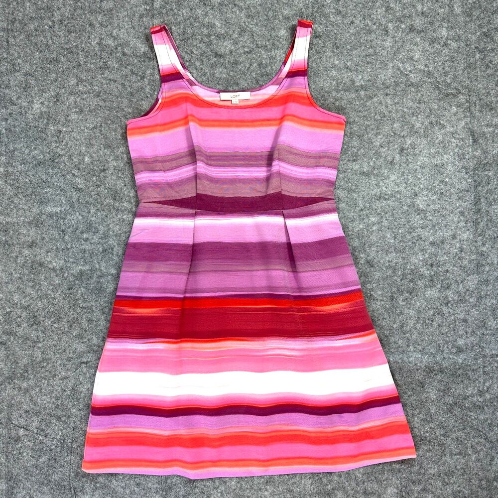 LOFT Women's Sz 12 Colorful Striped Shift Dress Pink Purple Red Sleeveless Mini